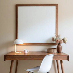 Minimal interior with a wooden desk on a beige wall. A large wooden frame mirror or frame is mounted on the desk. There is a lamp, mug, and vase with flowers on it.