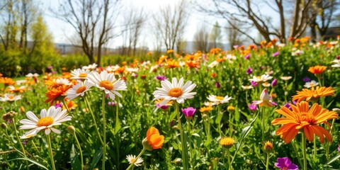 A vibrant field of yellow daffodil flowers blooming under the sun, sunny day, blossom, nature