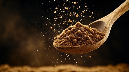 A wooden spoon overflowing with dark brown, granular spice.  Particles of the spice are suspended in mid-air, creating a dynamic, almost magical effect against a dark background.