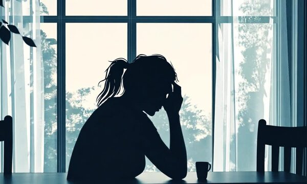 Woman looking sad at table near window. Suitable for mental health, depression, loneliness, and emotional wellness concepts in design.