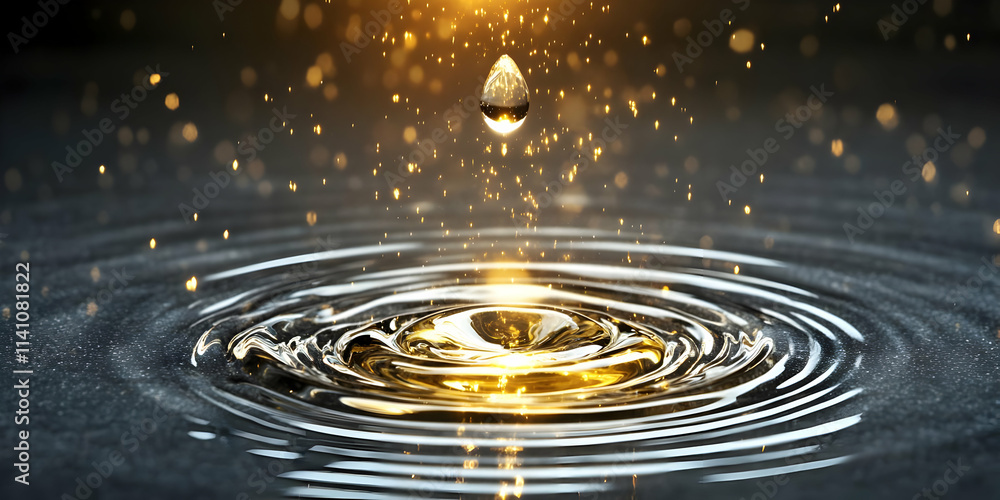 Poster golden liquid drop falling into water, creating concentric ripples and shimmering particles.