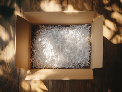 Open kraft paper box sits on a wooden surface filled with shredded paper filler. Natural light highlights the neutral tones, creating an inviting display for products or gifts