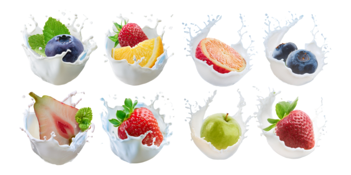 juicy summer fruits and berries in milk or cream splashes, set collection, mega bundle, isolated on transparent background