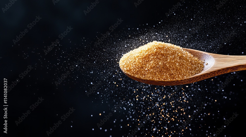 Poster a wooden spoon overflowing with light brown sugar against a dark background. sugar grains are scatte