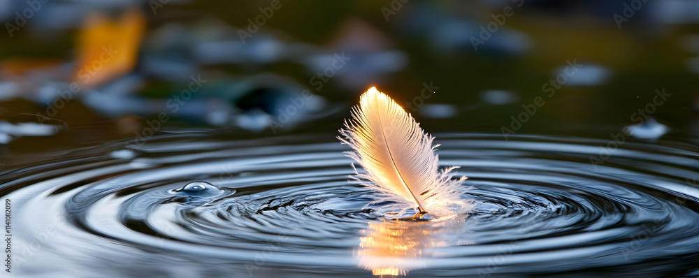 Poster illuminated feather floats on tranquil water, creating concentric ripples.
