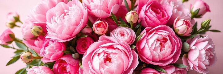 Obraz premium Close-up shot of a beautiful fresh bunch of pink peonies and roses with ample copy space, bouquet, romantic