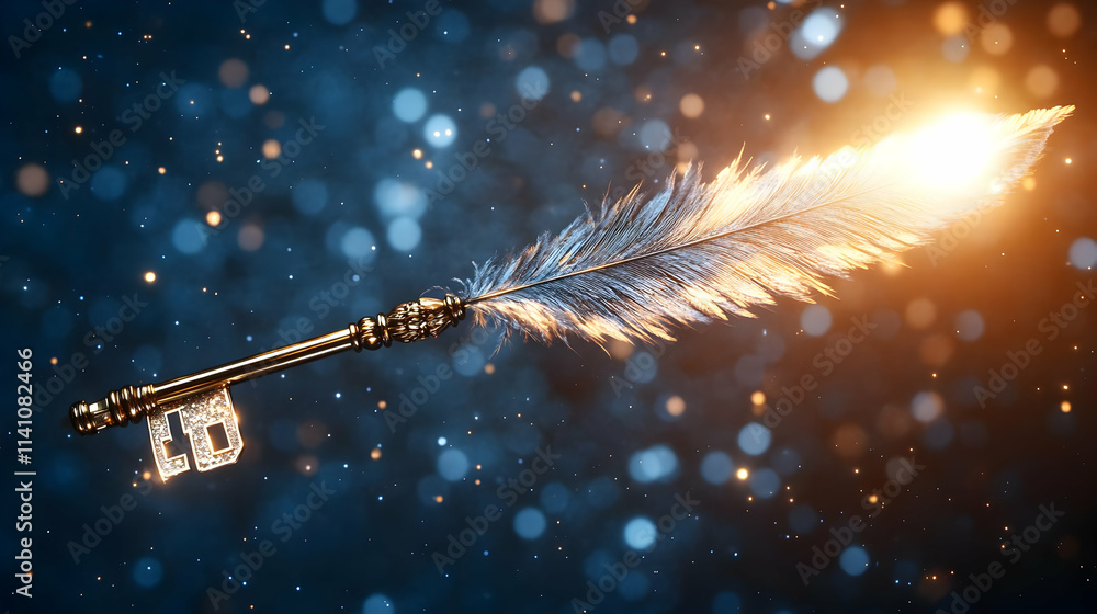 Poster glowing feather key on dark background with bokeh lights.