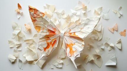 Intricate origami butterfly sculpture surrounded by scattered pieces of folded paper generative ai