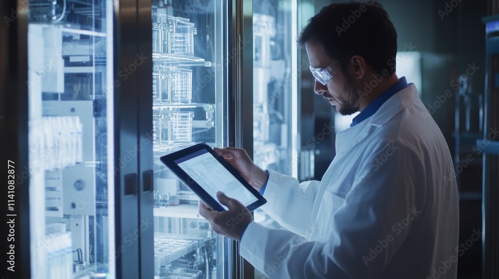 Poster a side view of a technician in a lab coat manipulating a tablet that shows a live feed of a virtual 