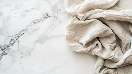 A wrinkled linen cloth draped on a marble surface, showcasing texture and elegance.