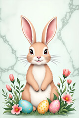 A cheerful bunny with large pink ears sits amidst vibrant tulips and colorful Easter eggs, surrounded by delicate pink hearts and flowers, evoking the joy of Easter.