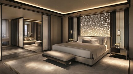 Luxurious hotel bedroom featuring modern design, soft lighting, and elegant decor.