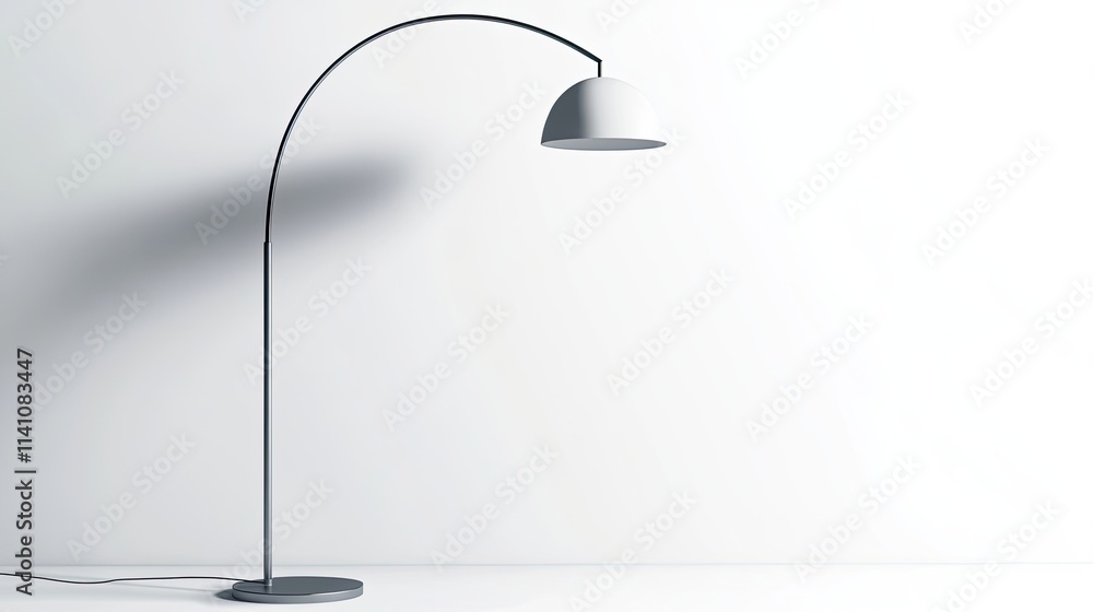 Poster a minimalist floor lamp with a curved design, casting light in a simple space.