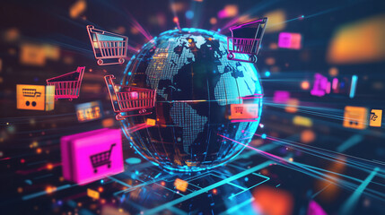 3D Globe with Orbiting Shopping Carts, Delivery Trucks, and Barcode Icons Representing Global E-Commerce and Trade Networks