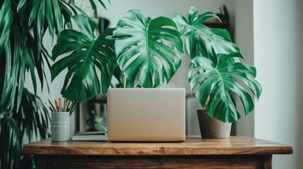 A serene workspace featuring a laptop surrounded by lush green plants on a wooden desk.