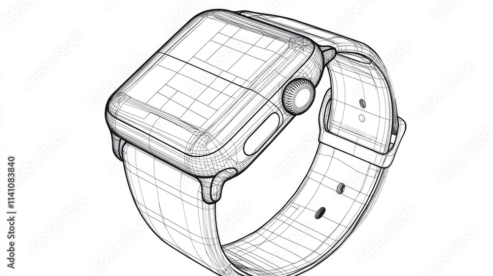 Poster a wireframe illustration of a smartwatch design showcasing its features and structure.
