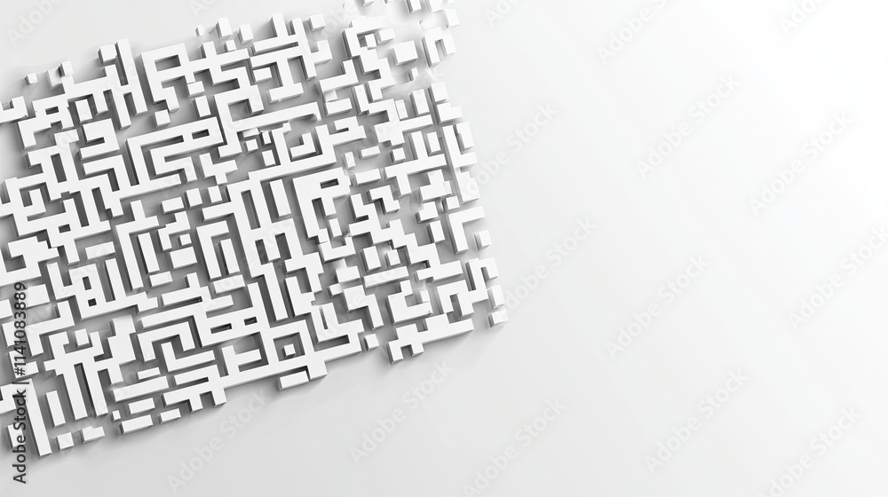 Poster a 3d maze design in white, creating a modern, abstract visual element.