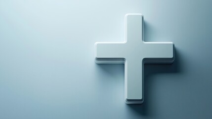 Fototapeta premium A minimalist white cross symbol on a soft blue background, suggesting health or positivity.