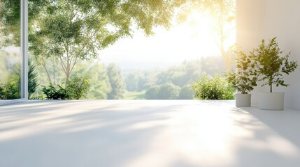 Fototapeta premium Sunlit modern white terrace with floor-to-ceiling glass and potted greenery. Soft morning shadows. Calm productivity and fresh starts. Website hero for wellness brands and real estate.