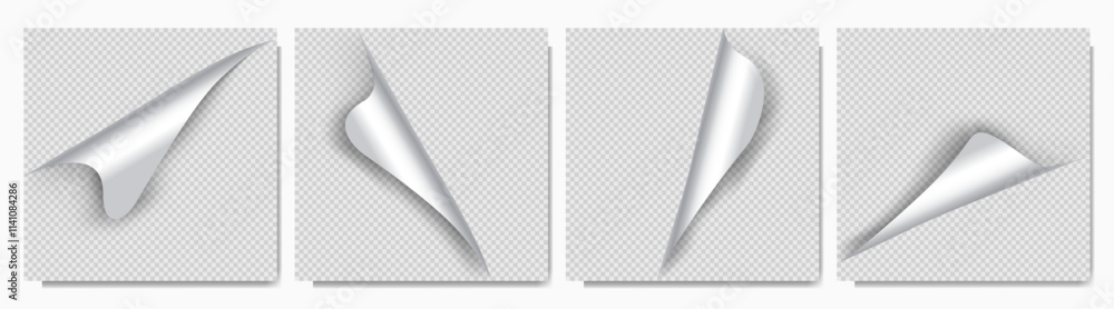 Poster vector illustration. realistic set of 4 curled glossy paper corners with soft shadows on transparent