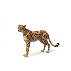 A cheetah stands poised and alert against a white background, showcasing its slender build, long tail, and unique spotted coat, emphasizing speed and agility.