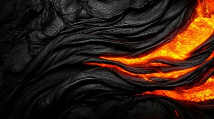 Obraz premium Intense close-up of molten lava flowing through hardened volcanic rock. The contrast between the fiery orange lava and the dark, textured rock creates a dramatic visual.