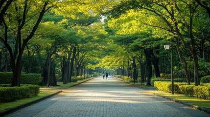 Obraz premium Paved path through a lush green park.