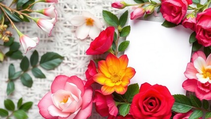 Rose flower and leaves arranged in a beautiful frame, romantic, ornament