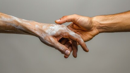 Fototapeta premium Two hands reaching towards each other, one covered in white substance, symbolizing connection.
