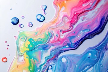Vivid colorful abstract fluid acrylic paint artwork with bright pink, blue, and yellow streaks forming marbled waves and paint droplets