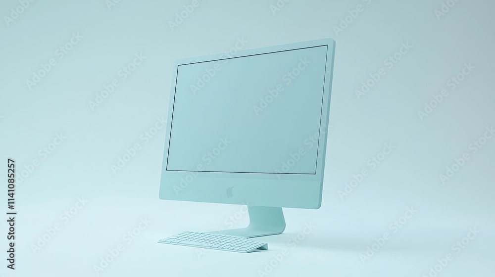 Poster a minimalist computer setup featuring a sleek monitor and keyboard on a light background.