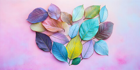 A colorful arrangement of leaves shaped into a heart on a soft pink background.