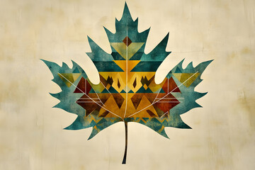 A stylized, colorful leaf design featuring geometric patterns on a textured background.