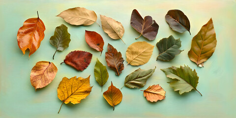 A collection of assorted autumn leaves arranged on a pastel background.