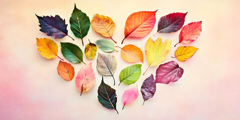 A heart-shaped arrangement of colorful autumn leaves on a soft background.
