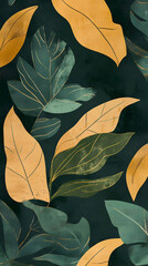 A pattern of green and gold leaves on a dark background, ideal for design use.