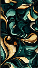 Abstract swirling patterns in rich teal, gold, and black colors create a dynamic visual texture.