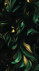 A swirling abstract design in green and gold on a dark background, evoking fluidity and elegance.