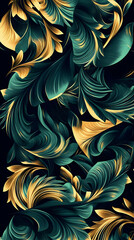 Abstract design featuring swirling teal and gold patterns on a dark background.