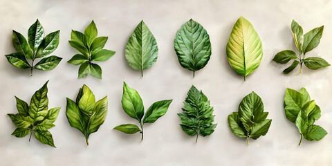 A collection of various green leaves arranged artistically on a light background.