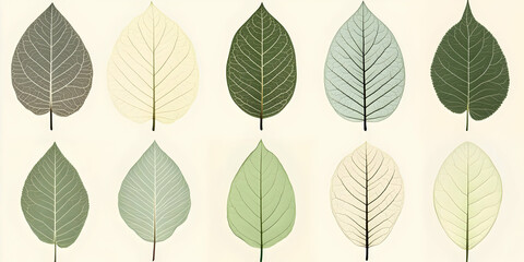 Obraz premium A collection of various leaf shapes and colors arranged in a grid pattern.