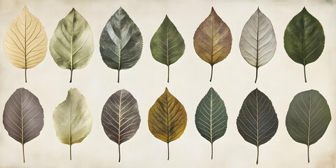 A collection of various leaves showcasing different shapes and colors on a textured background.
