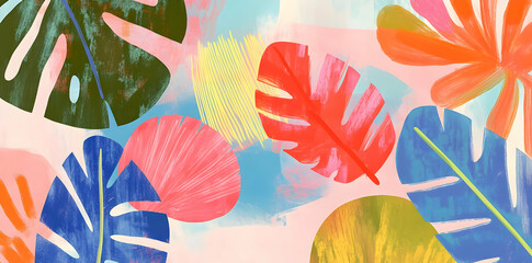 A vibrant, abstract design featuring colorful tropical leaves and playful brush strokes.