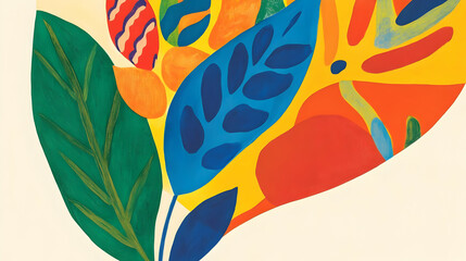 A vibrant abstract composition featuring colorful leaves and floral shapes.