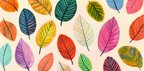 A vibrant display of various colorful leaves on a light background.