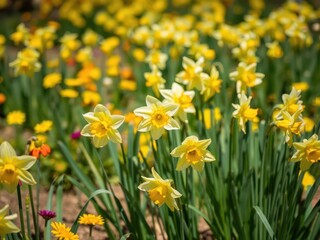 Fototapeta premium Vibrant daffodil flowers blooming in a lush field under the bright sun, flowers, vibrant