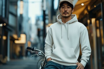 An Asian man leans casually on a retro bicycle, showcasing a blank white hoodie. The low-angle shot highlights his vintage cap and cuffed jeans against a soft, warmly lit urban backdrop