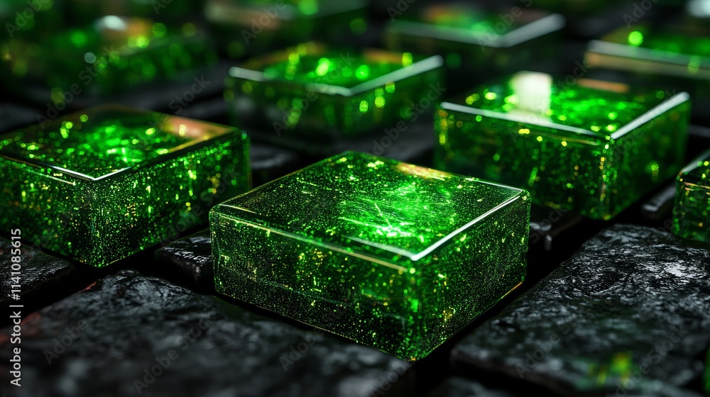 Poster close-up view of luminous green cubes arranged on a dark surface. the cubes seem to glow from within