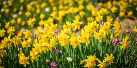 Vibrant yellow daffodil flowers blooming in a lush field under the bright sun, bloom, yellow, nature