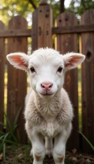 Obraz premium White lamb with expressive eyes standing in front of a wooden fence.Innocence. New beginnings. Spring.Easter, springtime, nature photography, children's greeting cards, animal themes, family-themed a 